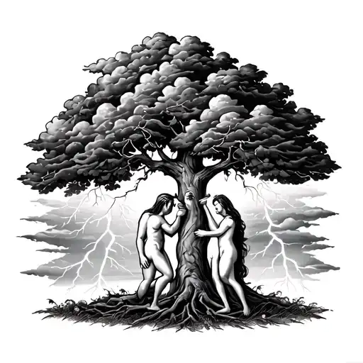an Adam and Eve image with them biting the apple under the tree with lightning and dark clouds and a bible verse  tattoo design idea