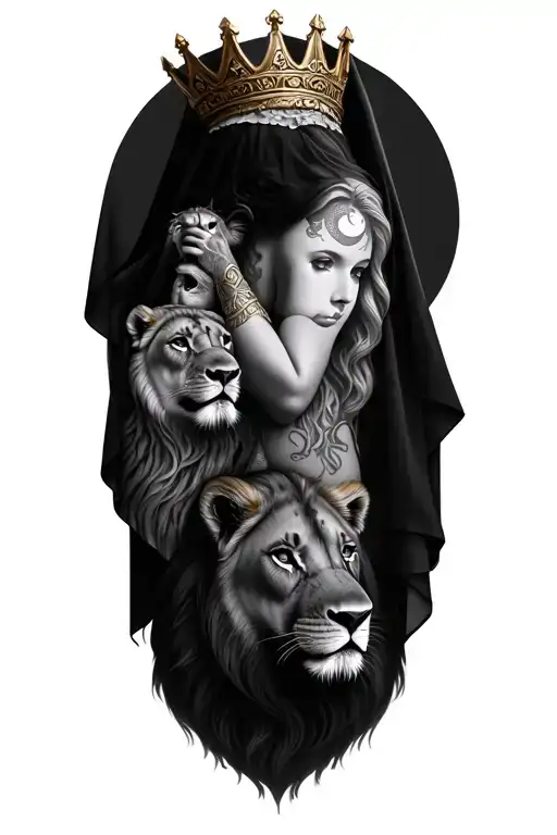 black & grey realism- greek goddess with light color hair, wearing crown with lifting veil, 2 lion cubs and moon tattoo design idea