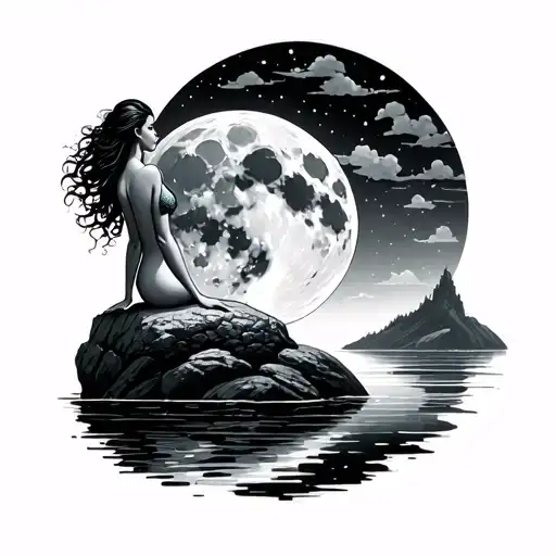 black and gray style. mermaid landscape sitting on a rock with her back looking at a giant full moon. tattoo design idea