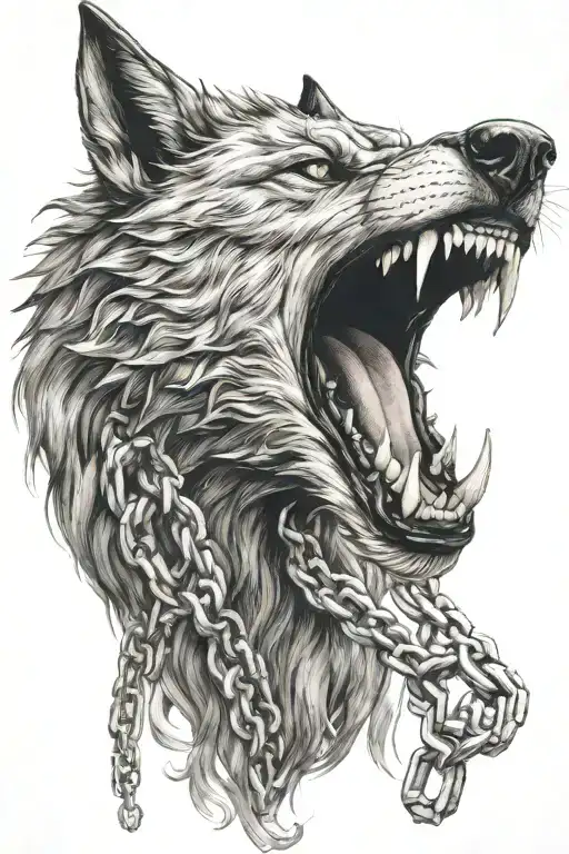 fenrir wrapped in chains fire coming from mouth open tattoo design idea
