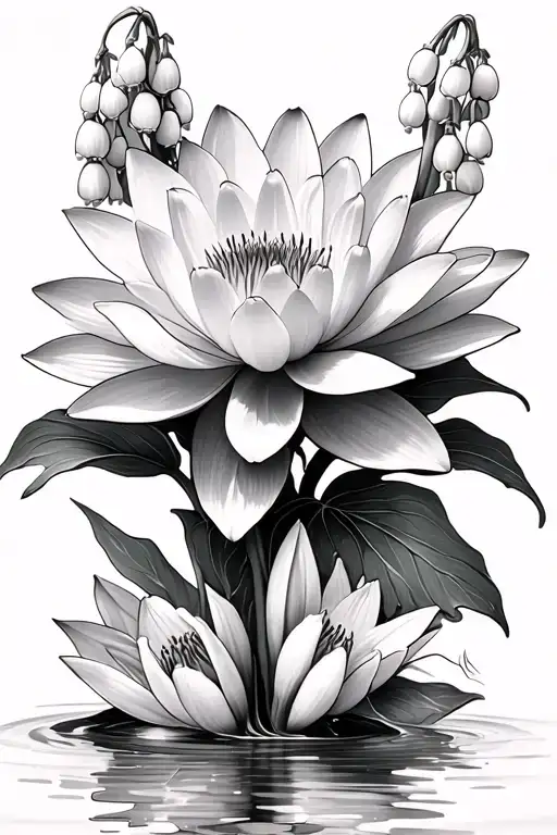 water lily, chrysanthemum, and lily of the valley tattoo design idea
