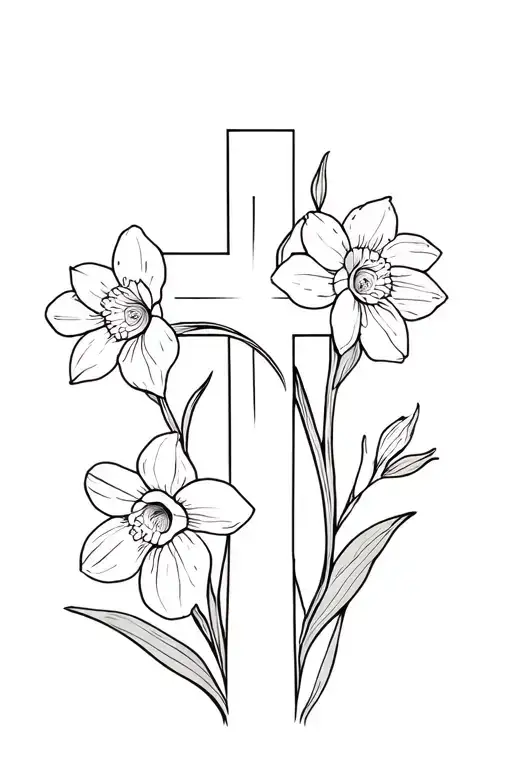 Cross with narcissus and primrose wrapped around  tattoo design idea