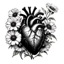 anatomical heart surrounded by poppy flowers and daisy flowers tattoo design idea