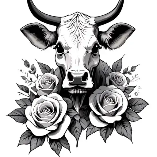 SKULL COW AND ROSES tattoo design idea
