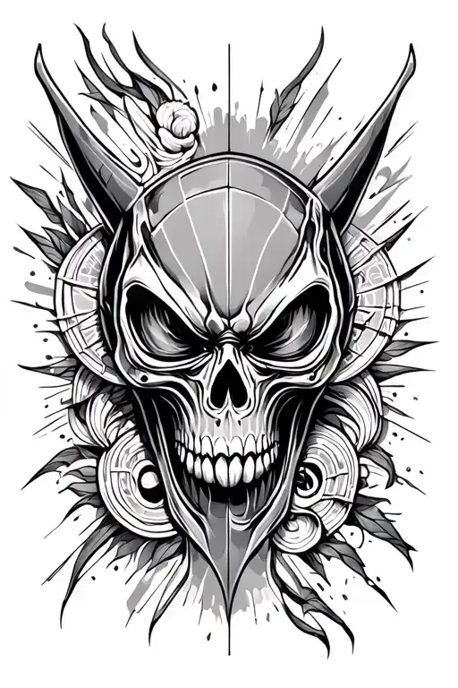 photo realistic sleeve design, alien face, skull, demonic angry evil look, with psychedlic ellements, geometric shapes,  tattoo design idea