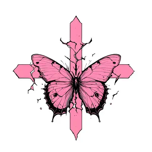 broken butterfly on a cross colored pink and black tattoo design idea