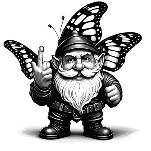 butterfly and a garden gnome giving the middle finger tattoo design idea