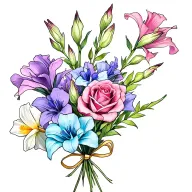 gladiolus, daffodil, rose, sweet pea birth flower bouquet tied with thin bow. I like colors: blues, pinks, purples, cyan tattoo design idea
