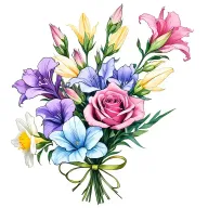 gladiolus, daffodil, rose, sweet pea birth flower bouquet tied with thin bow. I like colors: blues, pinks, purples, cyan tattoo design idea