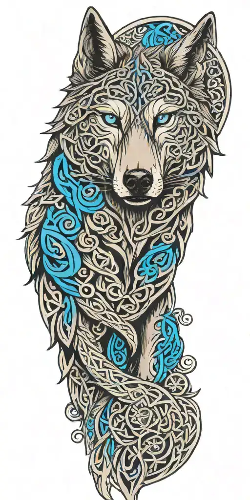 celtic wolf with blue eyes  tattoo design idea