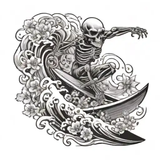 Skeleton surfing in the distance on waves with flowers tattoo design idea