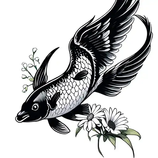 jumping black koi with phoenix wings, upright, bouquet with an aster, a daisy, a lily of the valley, wave tattoo design idea