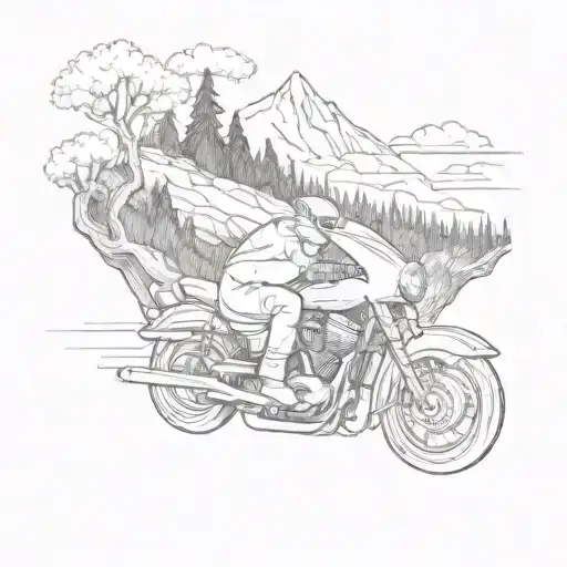 A sketch of a fish jumping out of a motorcycle helmet surrounded by trees and mountains tattoo design idea
