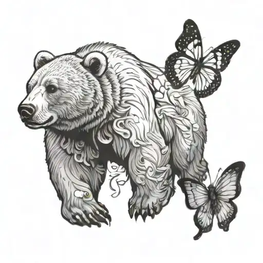 an outline of a bear with its claw talons out holding a butterfly on it  tattoo design idea