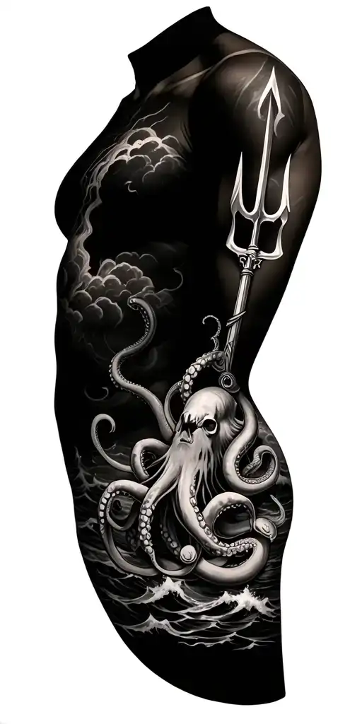Ultra realistic black and white posieden upper torso with trident with background of stormy seas, and octopus and anchor tattoo design idea