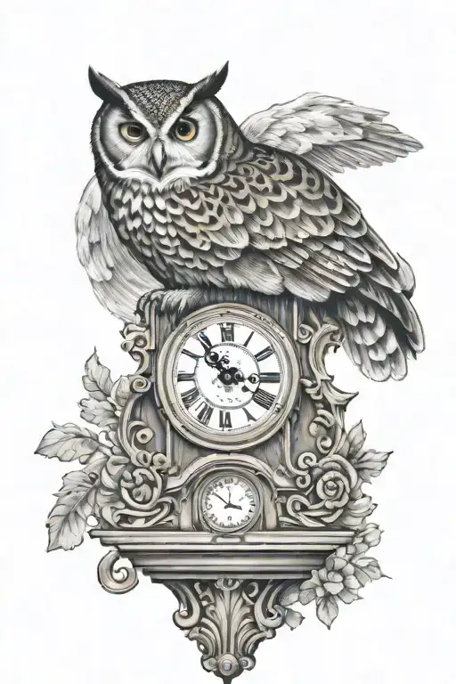 An owl standing on a grandfather clock tattoo design idea