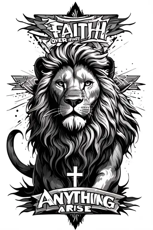 lion,with letters saying faith over fear, a cross, and face anything and rise tattoo design idea
