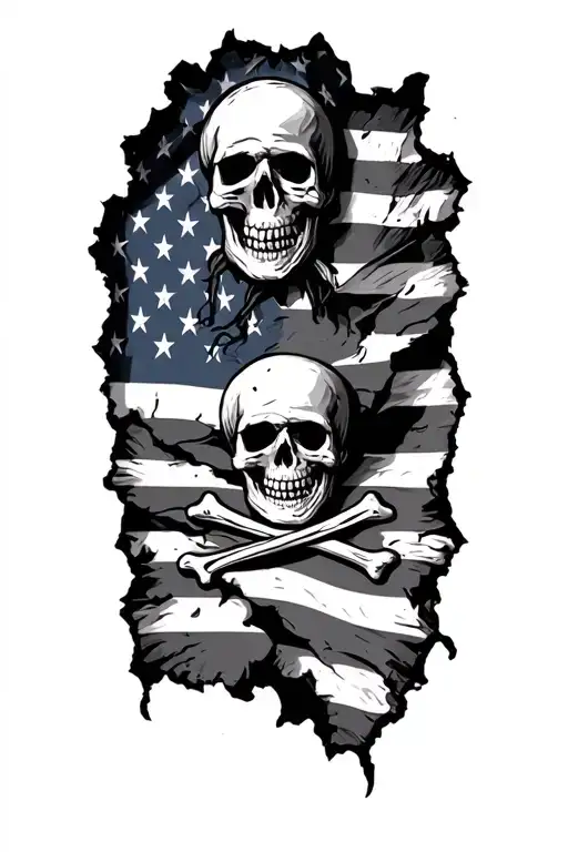 torn and tattered American flag reveals Jolly Roger underneath  tattoo design idea
