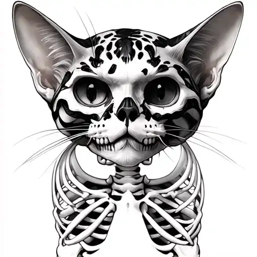 gothic skeleton cat with 3 heads realistic  tattoo design idea