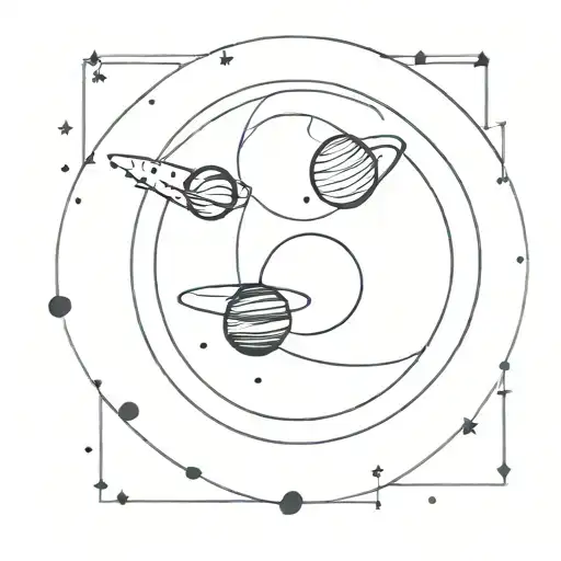 space theme, planets and stars, space ship flying through the middle, concentric circles tattoo design idea