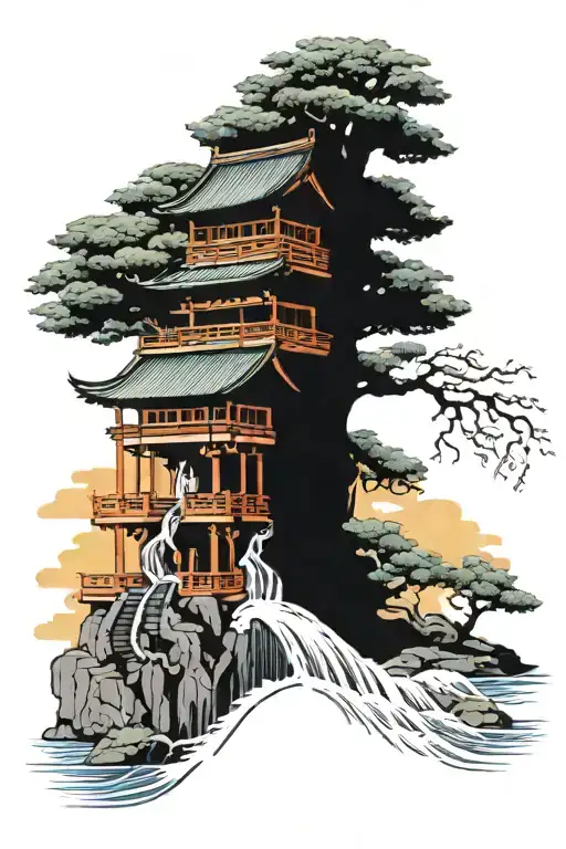 6 layer Japanese temple with dragon draped around it and water feature and bonsai. Add lots of colour tattoo design idea