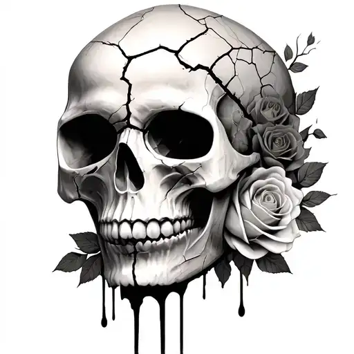 cracked bleeding skull with roses underneath it  tattoo design idea
