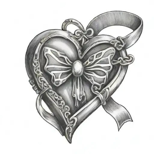 Dainty heart locket with bow tie with flag inside tattoo design idea