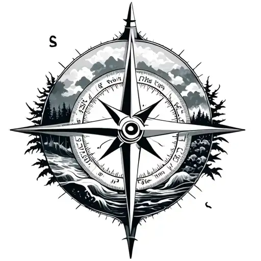 Compass in the middle, right motif sea, left motif forest tattoo design idea
