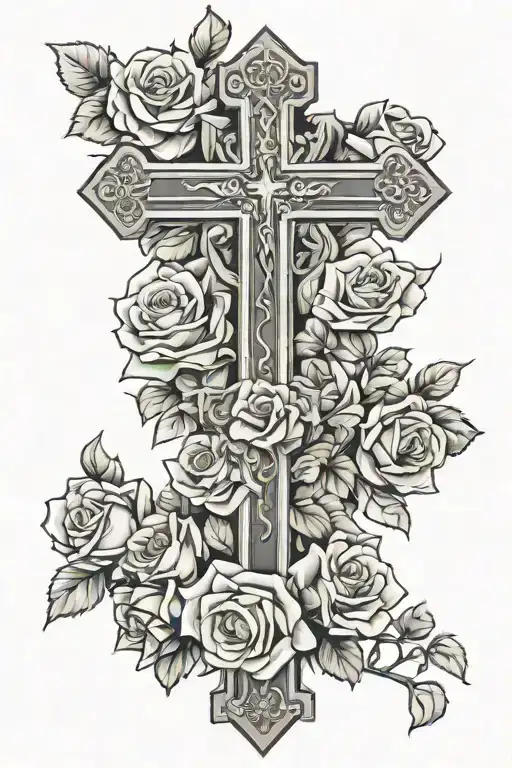 Religious cross wrapped in roses with the name Lachapelle tattoo design idea