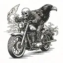 motorcycle with skeleton riding and crow sitting on its head  tattoo design idea