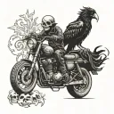 motorcycle with skeleton riding and crow sitting on its head  tattoo design idea