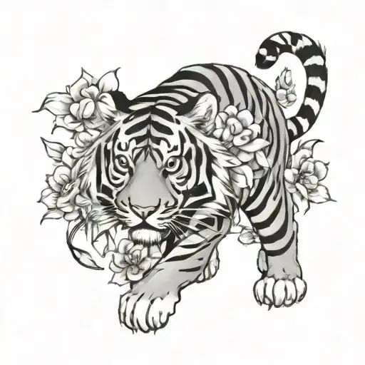 female chinese zodiac tiger floral tattoo design idea