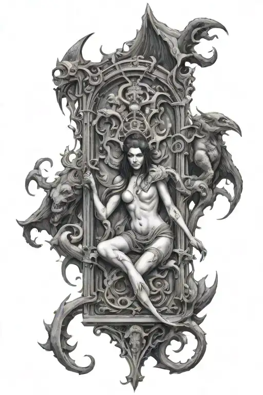 hell's gate guarded by female demons tattoo design idea