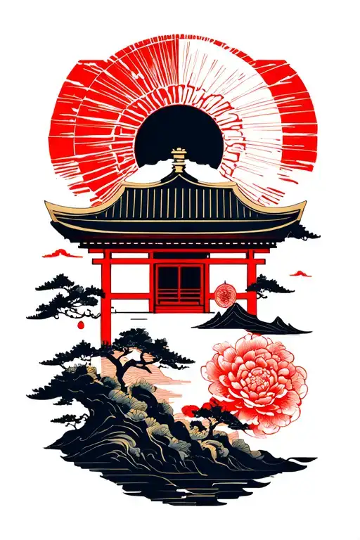 Japanese sun, Shinto shrine in a wood block print style tattoo design idea
