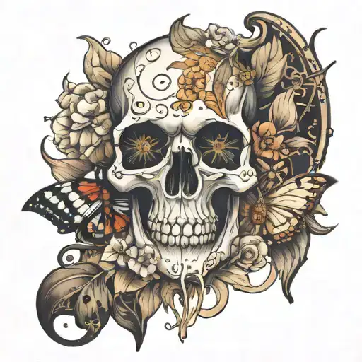 skull hourglass moth flowers surrounding tattoo design idea