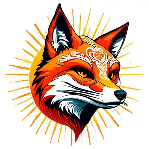 fox wearing okami mask with sun rays in background tattoo design idea