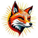 fox wearing okami mask with sun rays in background tattoo design idea