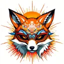 fox wearing okami mask with sun rays in background tattoo design idea