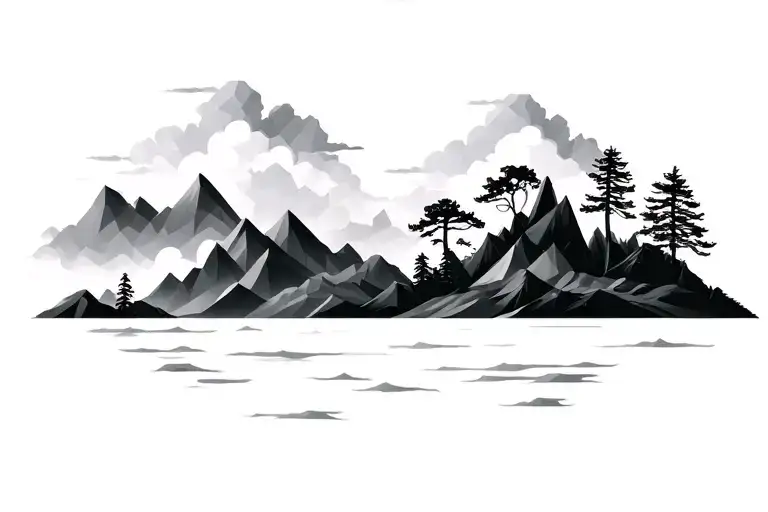 polygonal ocean, clouds and mountains filled with trees tattoo design idea