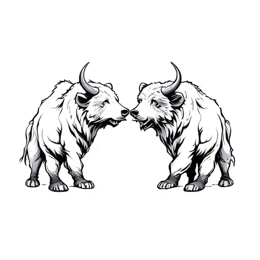 bear and bull facing each other, japanese paintbrush style tattoo design idea