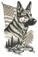 A portrait german shepherd on a mountain peak American flag waving say "diabetes" tattoo design idea