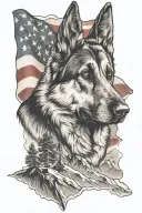 A portrait german shepherd on a mountain peak American flag waving say "diabetes" tattoo design idea