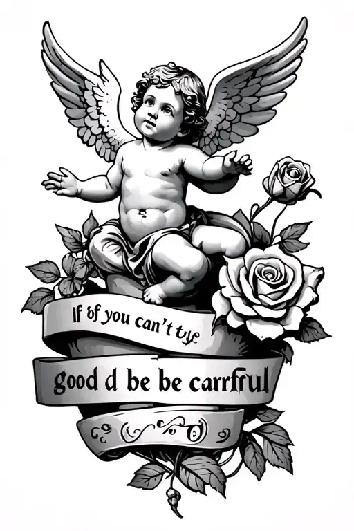A cherub flying with a Yorkshire rose claddagh words saying “ if you can’t be good be careful” tattoo design idea