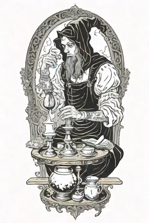 Hodded alchemist performing ritual, tarot cards, beakers, candles tattoo design idea