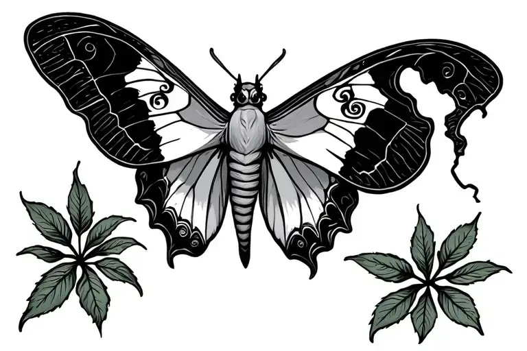 Trampstamp not symmetrical pathos plants with a Luna moth in the middle and a rip in its top right wing tattoo design idea