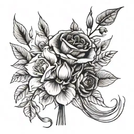 long stem honeysuckle, rose, snowdrop, rose, carnation, gladiolus in a minimalist bouquet tied with a ball of yarn  tattoo design idea