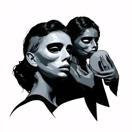 conceptual tattoo of a person holding a mask that shows the opposite emotion of their real face, abstract fine line blac tattoo design idea