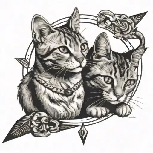 I need a picture of two cats separated in the middle by an arrow with one cat on top looking Golden Tabby and the other  tattoo design idea
