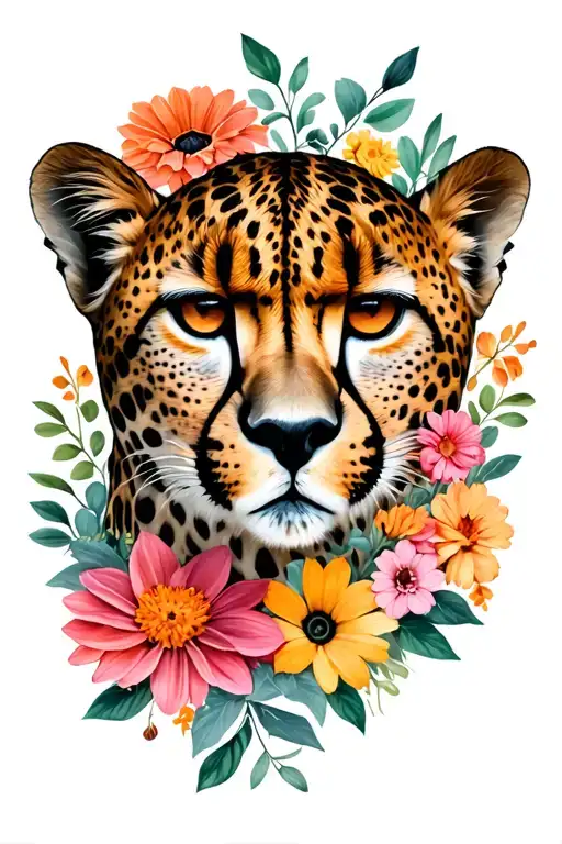 Half of a cheetah face covered/surrounded with different types of flowers tattoo design idea