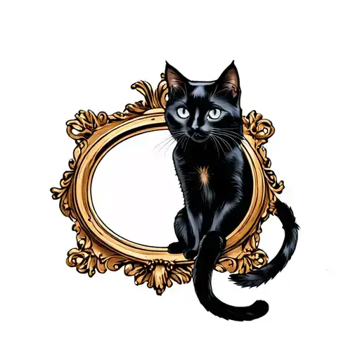 vintage mirror with black cat sitting tattoo design idea